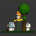 Cute Game Cartoon Animal Characters with Low Poly Tree Green Grass and Red Box