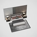 Modern Double Bed Interior With Striped Headboard Wall Nightstands Table Lamps And Patterned Rug 3d model