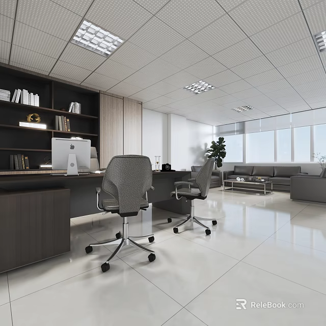 Modern Office Interior Design With Wooden Desk Ergonomic Chairs Bookshelves And Large Windows 3d model 