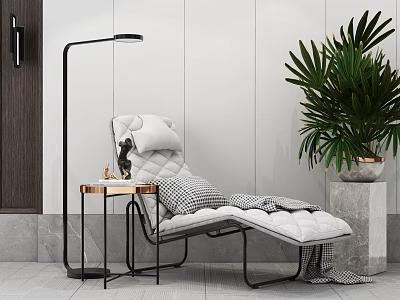 Modern White Lounge Chair With Floor Lamp Side Table And Potted Plant 3d model