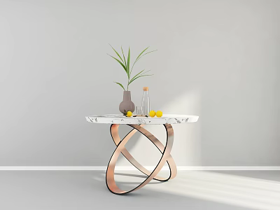 Round Marble Top Dining Table with Copper Crossed Legs Vase Green Plant Small Bottle Lemons 3d model