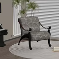Ornate Floral Armchair With Wooden Frame On Round Rug And Potted Plant