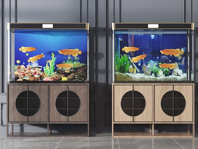 Double Aquarium Fish Tanks With Modern Wooden Cabinets Colorful Fish Plants And Decorative Elements 3d model