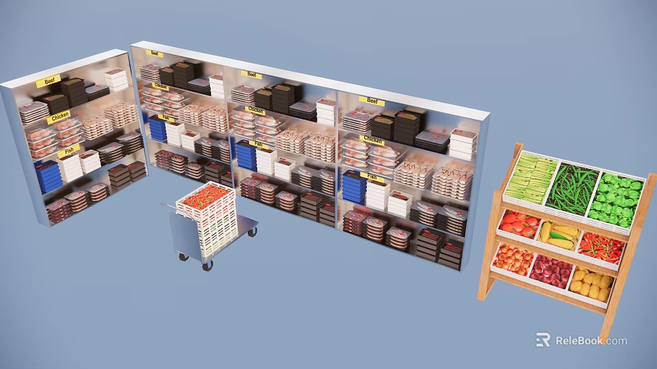 Organized Retail Display Shelves Featuring Shopping Cart Vegetable Section And Layered Product Layout 3d model 