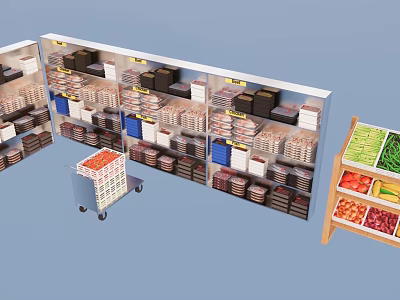 Organized Retail Display Shelves Featuring Shopping Cart Vegetable Section And Layered Product Layout 3d model