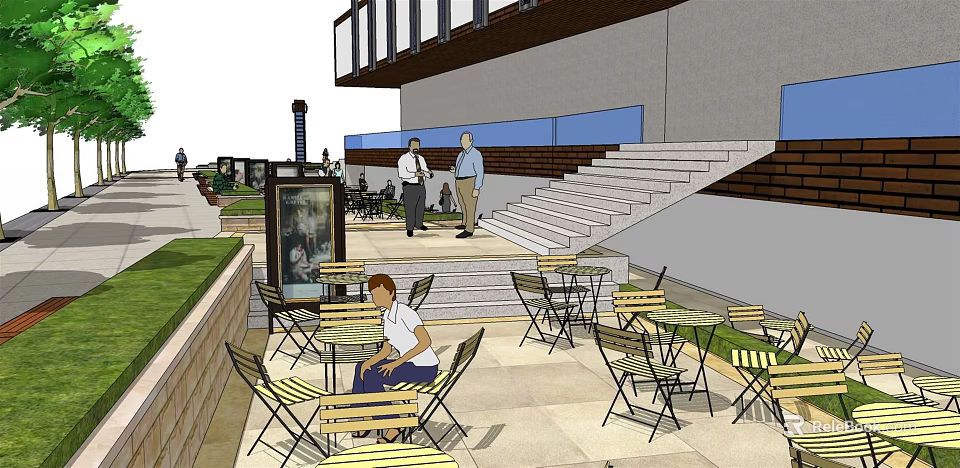 Outdoor Café Patio With Tables Chairs People Chatting Stairs And Railing 3d model 