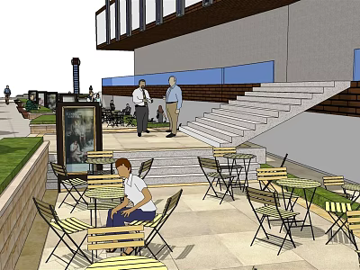 Outdoor Café Patio With Tables Chairs People Chatting Stairs And Railing 3d model