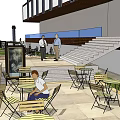 Outdoor Café Patio With Tables Chairs People Chatting Stairs And Railing