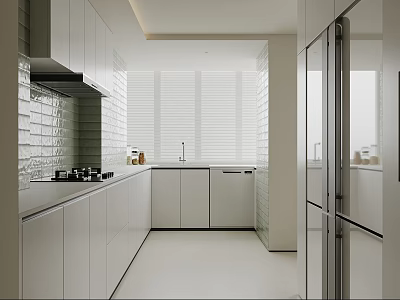 Modern Open Plan Kitchen Interior With White Cabinets Stove Sink And Window Blinds 3d model