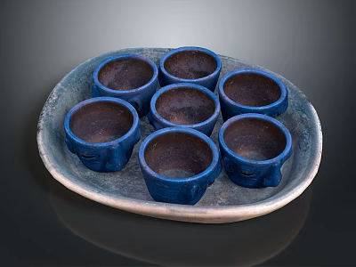 Set Of Six Glazed Blue Ceramic Cups On Decorative Textured Tray For Home Use 3d model