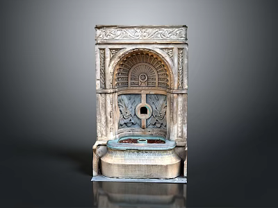 Ornate Stone Fountain With Intricate Carvings Arched Structure And Decorative Basin 3d model