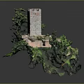 Ancient Stone Tower Ruin With Lush Green Vegetation And Rocky Floating Hollow Base