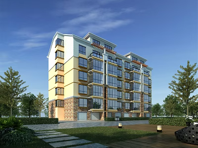 Multi Story Residential Building With Yellow White Exterior Large Windows And Landscaped Garden Area 3d model