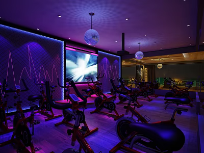 Modern Fitness Studio With Spin Bikes Neon Lights And Disco Ball 3d model