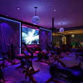 Modern Fitness Studio With Spin Bikes Neon Lights And Disco Ball