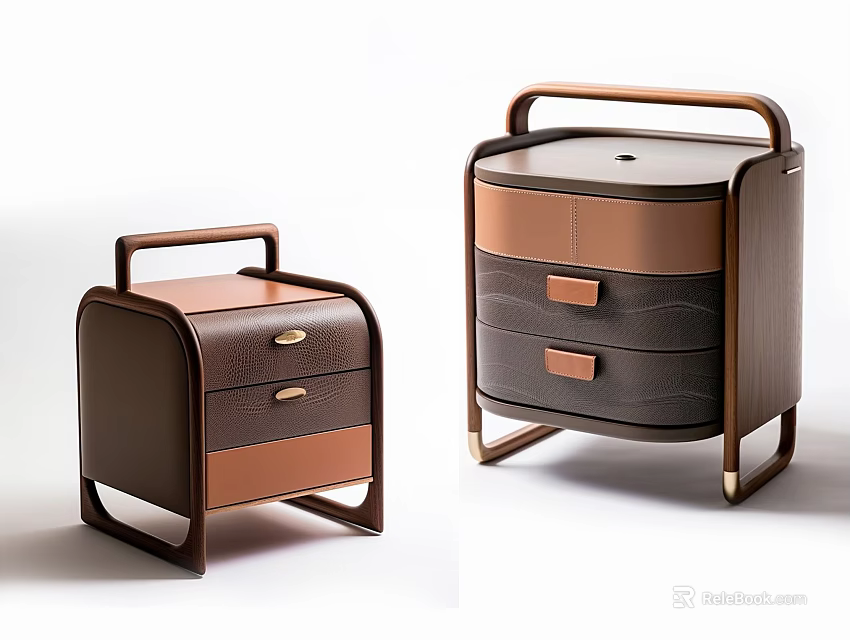 Two Modern Bedside Tables With Leather Wood Drawers And Metal Handles 3d model 