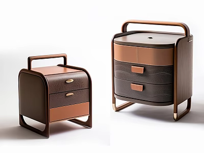Two Modern Bedside Tables With Leather Wood Drawers And Metal Handles 3d model