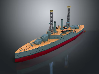 Vintage Battleship Model with Two Tall Chimneys Red Hull and Gray Deck Structures 3d model