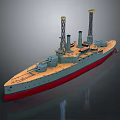 Vintage Battleship Model with Two Tall Chimneys Red Hull and Gray Deck Structures