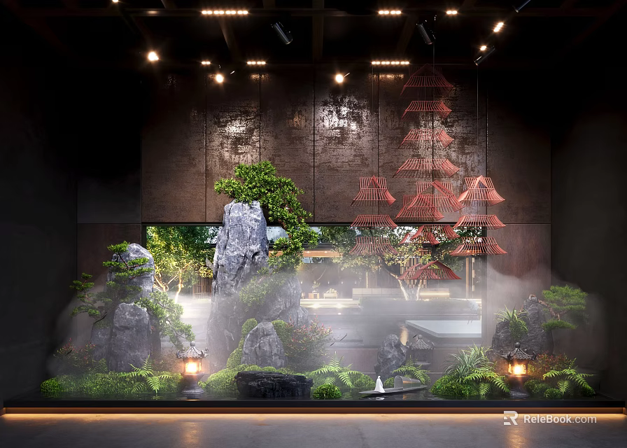 Indoor Zen Landscape With Rock Formations Green Plants Mist Red Pagoda Structures And Lanterns 3d model 