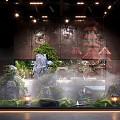 Indoor Zen Landscape With Rock Formations Green Plants Mist Red Pagoda Structures And Lanterns