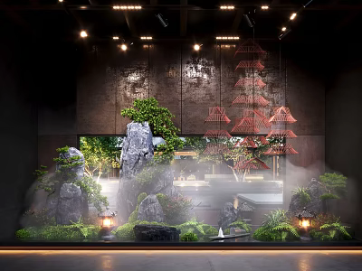 Indoor Zen Landscape With Rock Formations Green Plants Mist Red Pagoda Structures And Lanterns 3d model