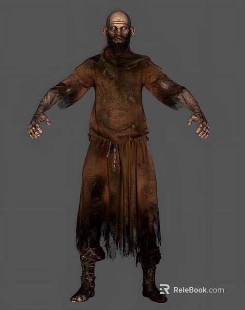 Man Wearing Tattered Brown Robe With Distressed Fabric And Ragged Hem 3d model 