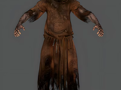 Man Wearing Tattered Brown Robe With Distressed Fabric And Ragged Hem 3d model