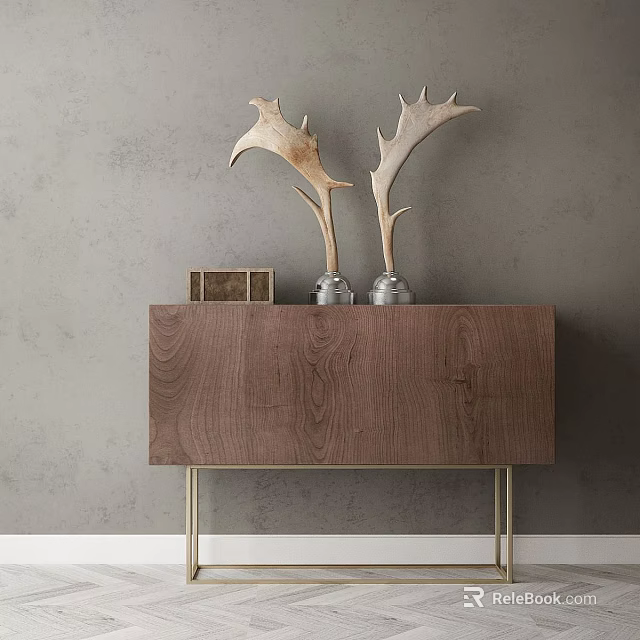 Sleek Wooden Storage Cabinet With Metal Legs And Antler Decorations On Gray Wall Background 3d model 