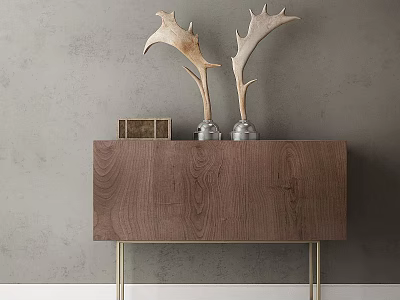 Sleek Wooden Storage Cabinet With Metal Legs And Antler Decorations On Gray Wall Background 3d model