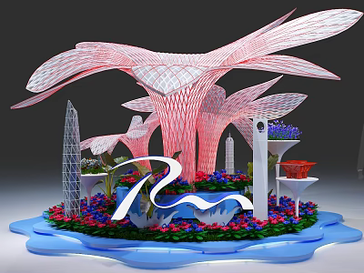 Pink White Sculptural Installation With Blue Base Colorful Flowers And Architectural Models 3d model