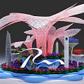 Pink White Sculptural Installation With Blue Base Colorful Flowers And Architectural Models