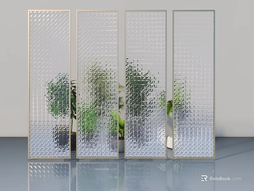 Transparent Glass Casement Door with Diamond Pattern Metal Frame and Green Plants Behind 3d model 