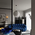 Blue Sofa Coffee Table Combination With Blue Bowl Black Grid Window And Wall Painting