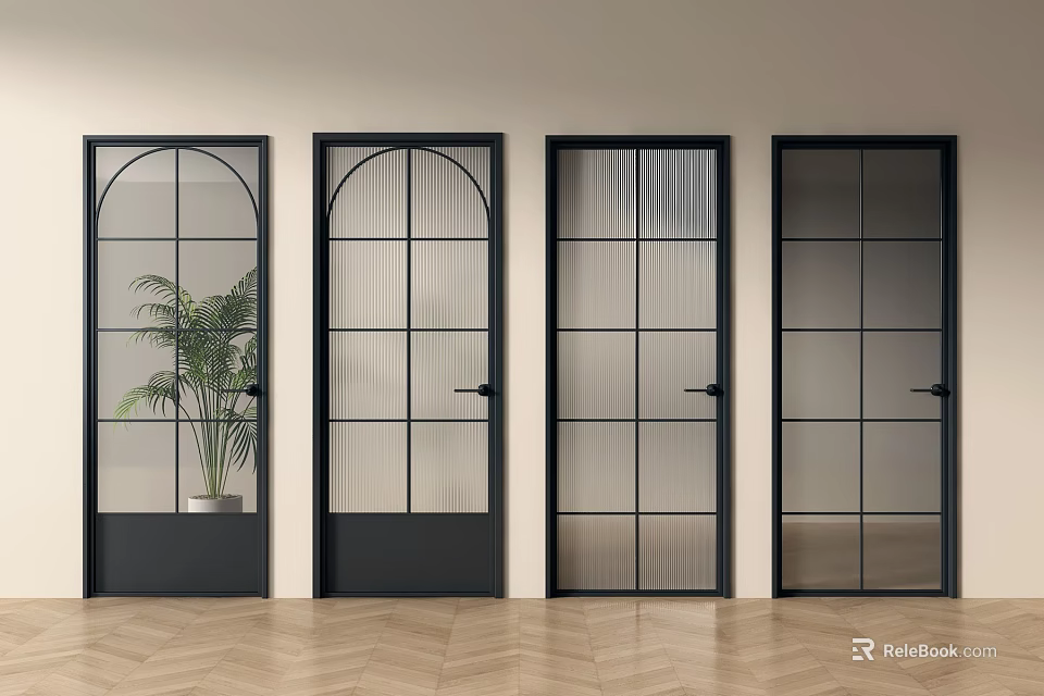 Four Modern Black Frame Glass Hinged Doors with Diverse Panel Designs in Interior 3d model 