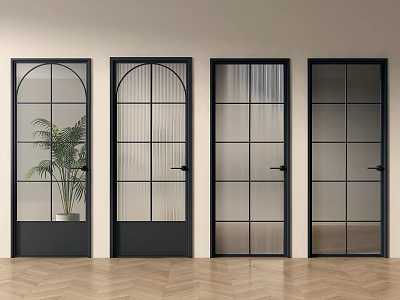 Four Modern Black Frame Glass Hinged Doors with Diverse Panel Designs in Interior 3d model
