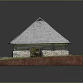 Traditional Wooden House With Gray Tile Roof Stone Walls Green Grass And Red Base Design