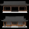 Chinese Style Landscape Pavilion With Black Roof Curved Eaves And Wooden Structure