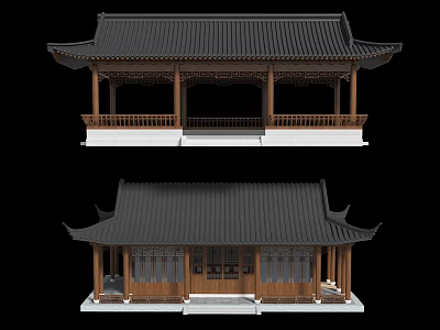 Chinese Style Landscape Pavilion With Black Roof Curved Eaves And Wooden Structure 3d model