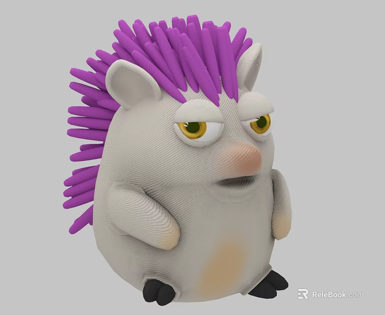 Plush Hedgehog Doll with Purple Spines White Body and Yellow Eyes 3d model 