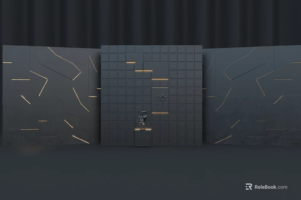 Gray Modern Background Wall Featuring Square Grid Geometric Pattern And Yellow Line Details 3d model