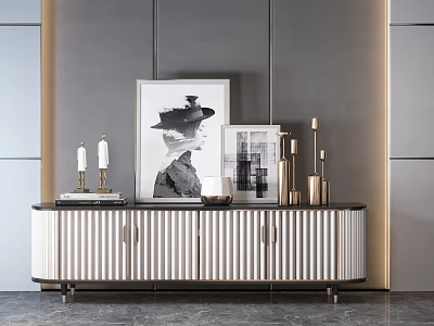 Elegant Modern TV Stand Interior With Vertical Stripes Gold Accents And Decorative Paintings 3d model