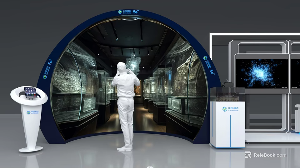 Modern Tech Exhibition Hall With Curved Glass Displays Blue Illuminated Signs And Visitor Interaction 3d model 