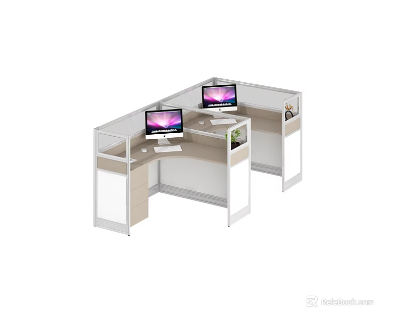 Modern Office Workstation With Two Monitors Partition Design And Small Plant 3d model