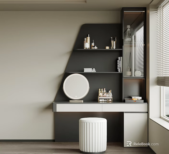 Modern Dressing Table With Black Shelves Round Mirror Cosmetics And White Stool 3d model
