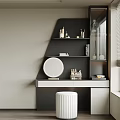 Modern Dressing Table With Black Shelves Round Mirror Cosmetics And White Stool 3d model