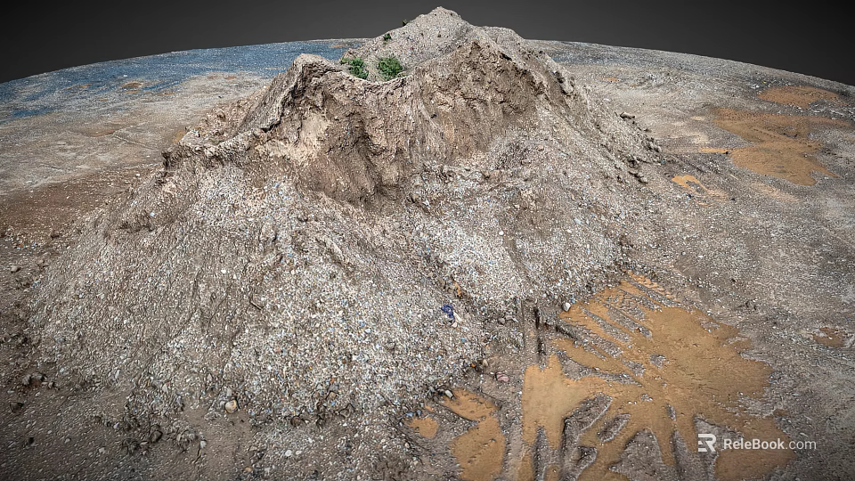 Large Dirt Mound With Gravel And Sparse Vegetation On Barren Ground With Tire Tracks 3d model 