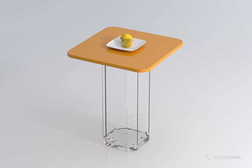 Sleek Coffee Table With Orange Tabletop Transparent Glass Legs And White Plate With Lemon 3d model 