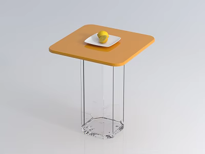 Sleek Coffee Table With Orange Tabletop Transparent Glass Legs And White Plate With Lemon 3d model