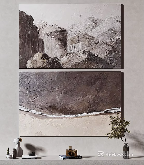 Abstract Mountain And Beach Paintings With Small Plant For Modern Home Decor 3d model 